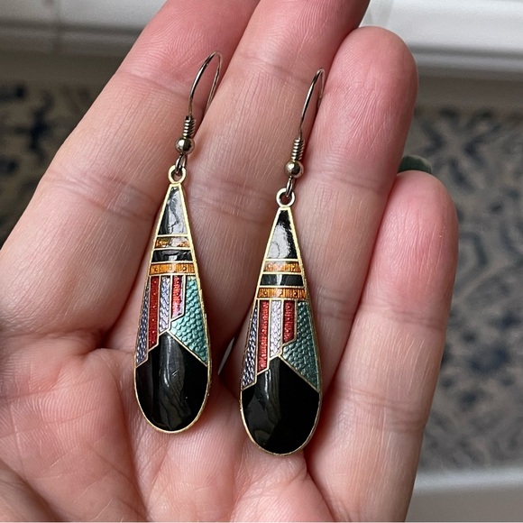 🎰Vintage Pierre Bex-style Art Deco enamel teardrop dangle earrings - Picture 10 of 10